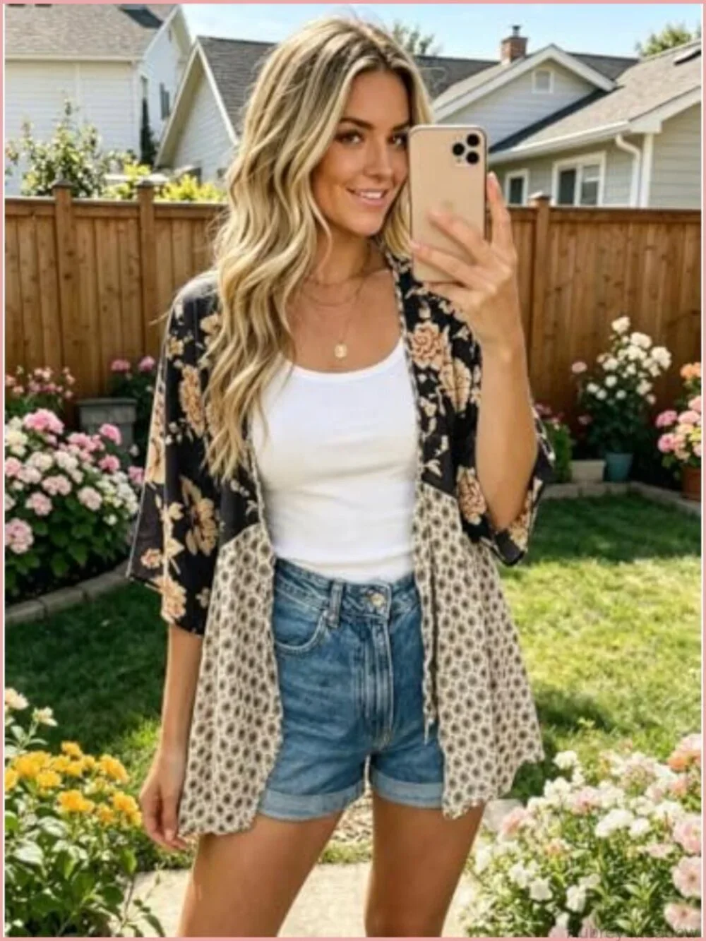 Floral Patchwork Kimono Cardigan - 3/4 Sleeve Tie Front Beach Cover Up